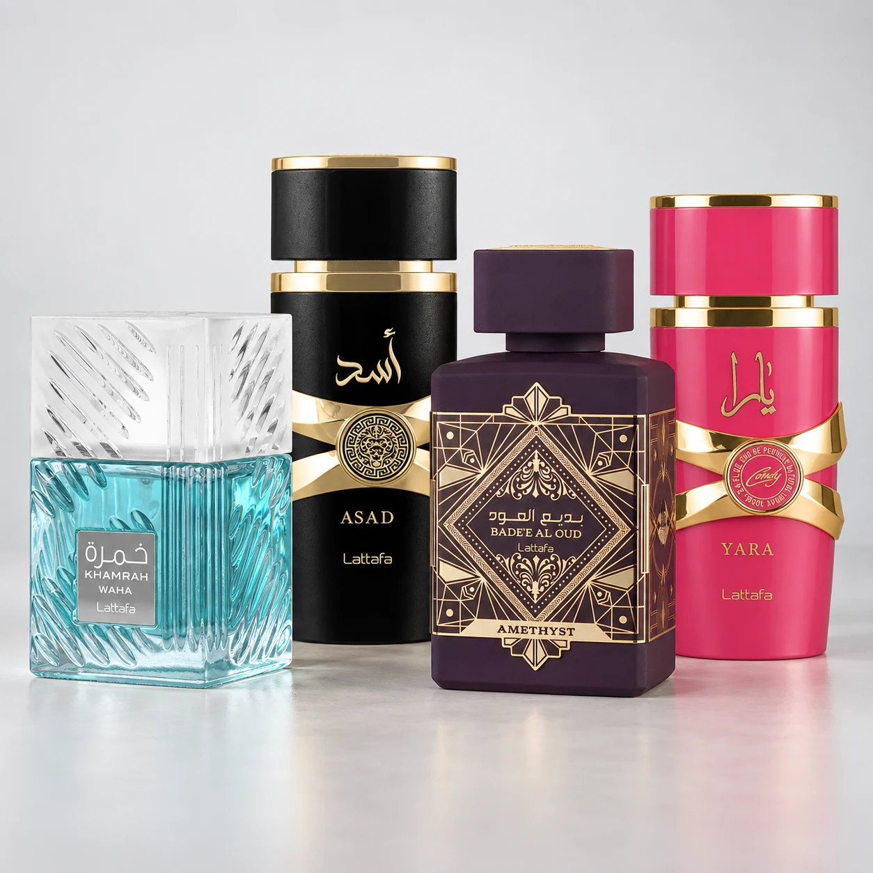 Cuatro perfumes Lattafa: Khamrah Waha, Asad, Amethyst y Yara Candy